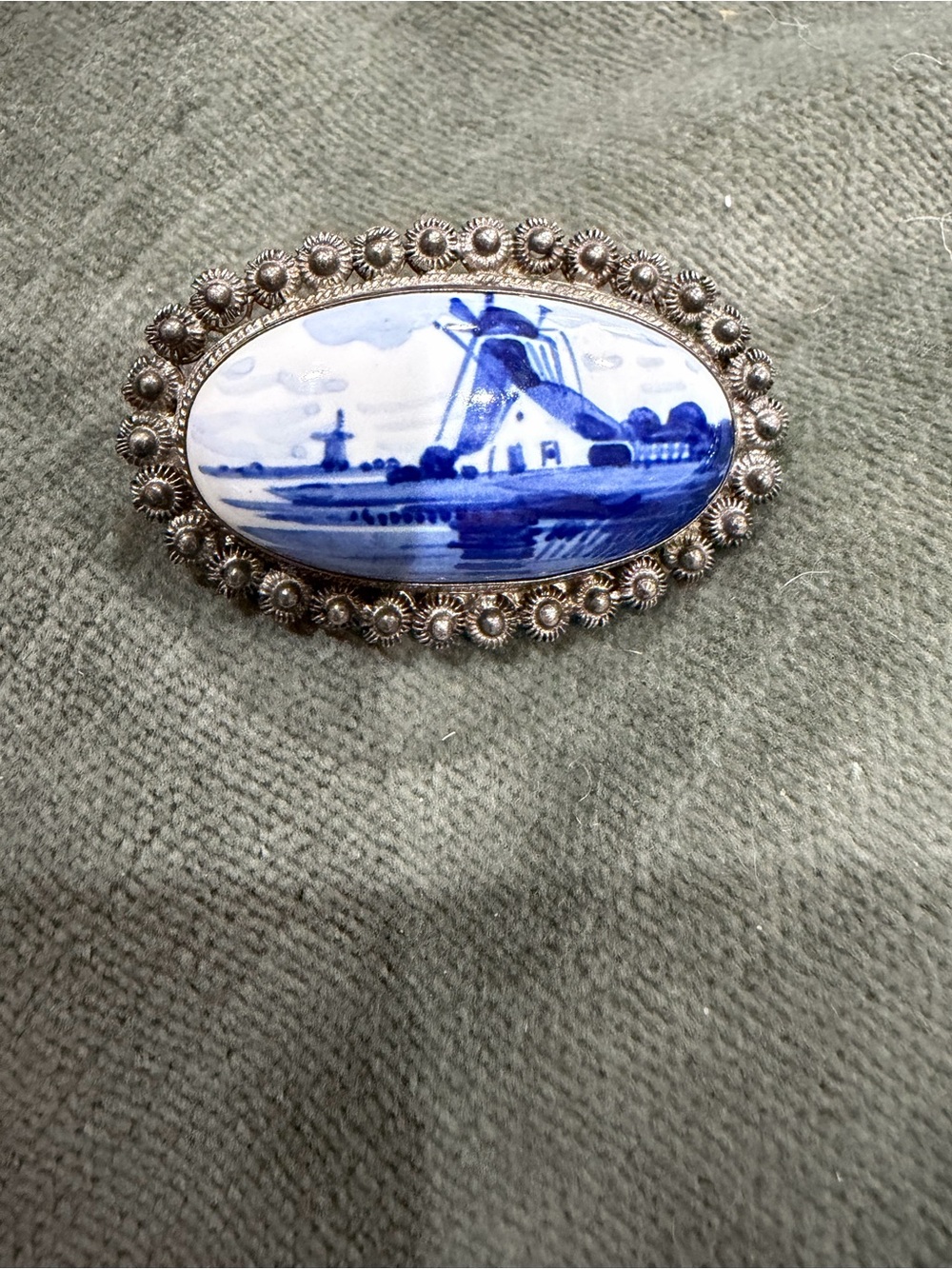 Delft Blue & White Porcelain Sterling Brooch
